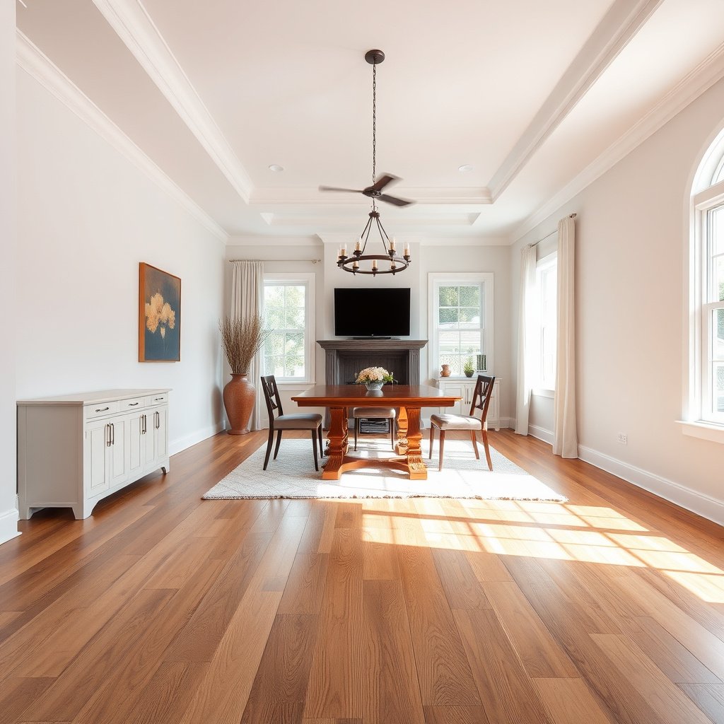 Planning the layout and installation method for hardwood floors in a dining room.
