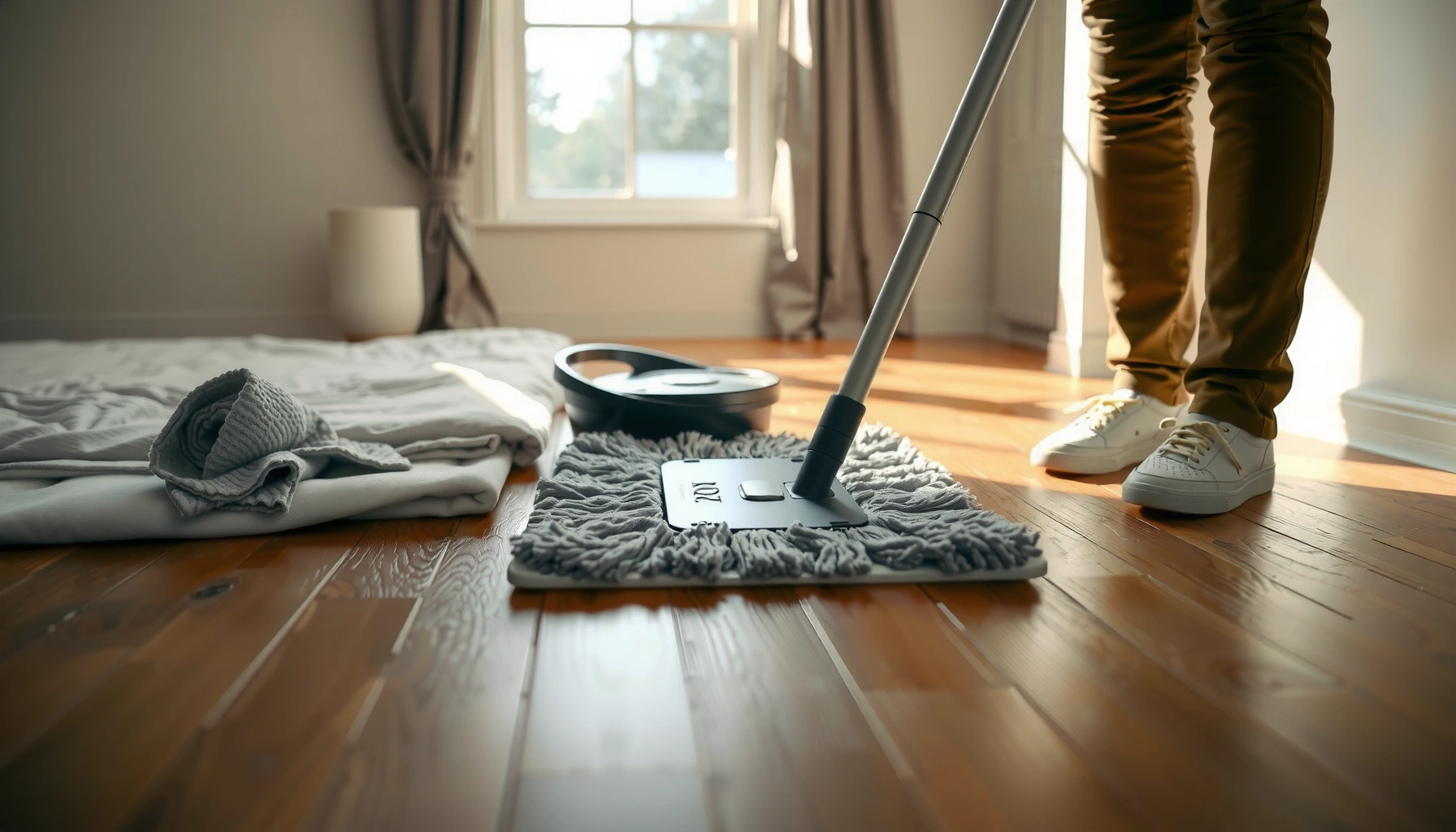 Tips for maintaining hardwood floors in a bedroom, showcasing cleaning and care techniques.