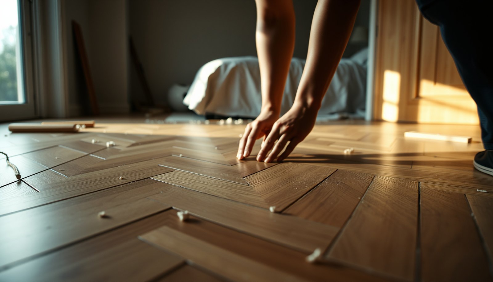 Step-by-step guide on how to install herringbone floors in a bedroom.