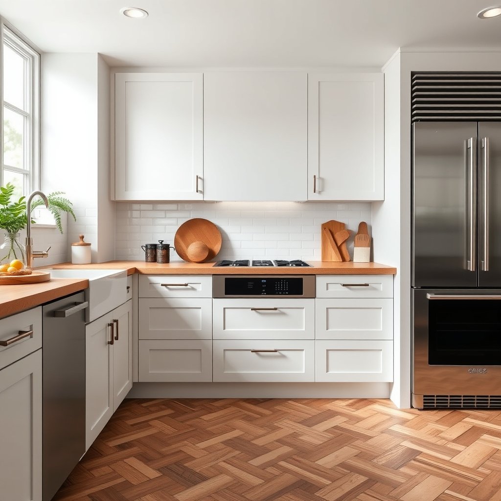 Installing herringbone flooring up to kitchen cabinets for a seamless look.