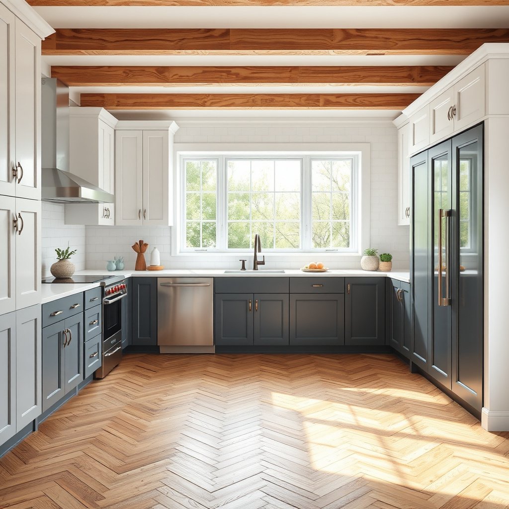 Plan your herringbone floor layout around cabinet edges for a seamless design.