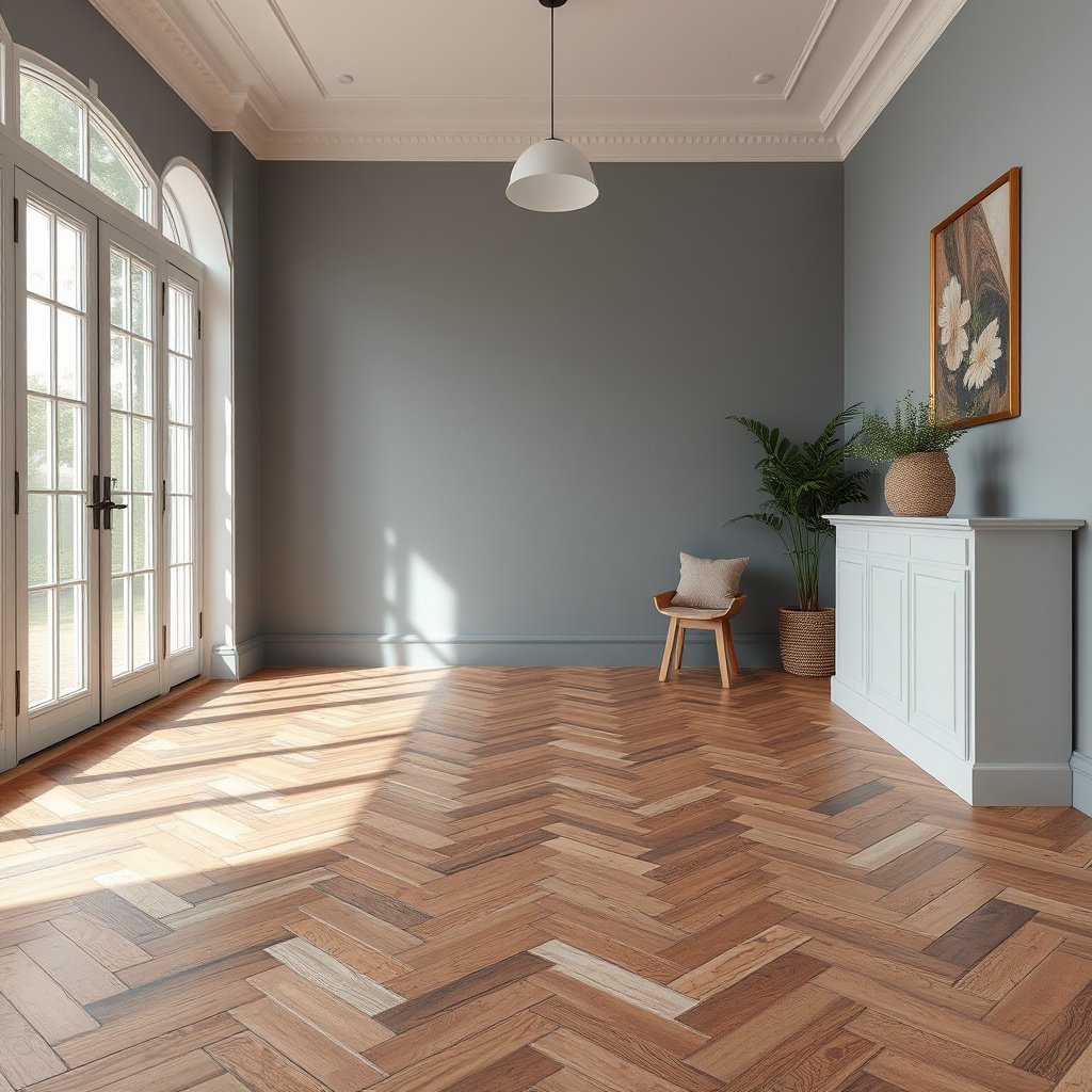 A layout of herringbone floor pattern prior to installation, showcasing the design arrangement.