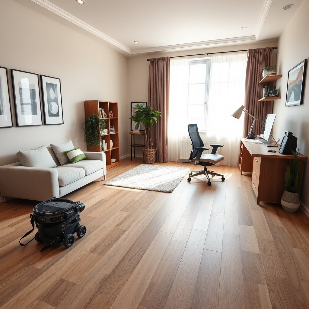 Home office setup with protective measures for engineered wood floors.
