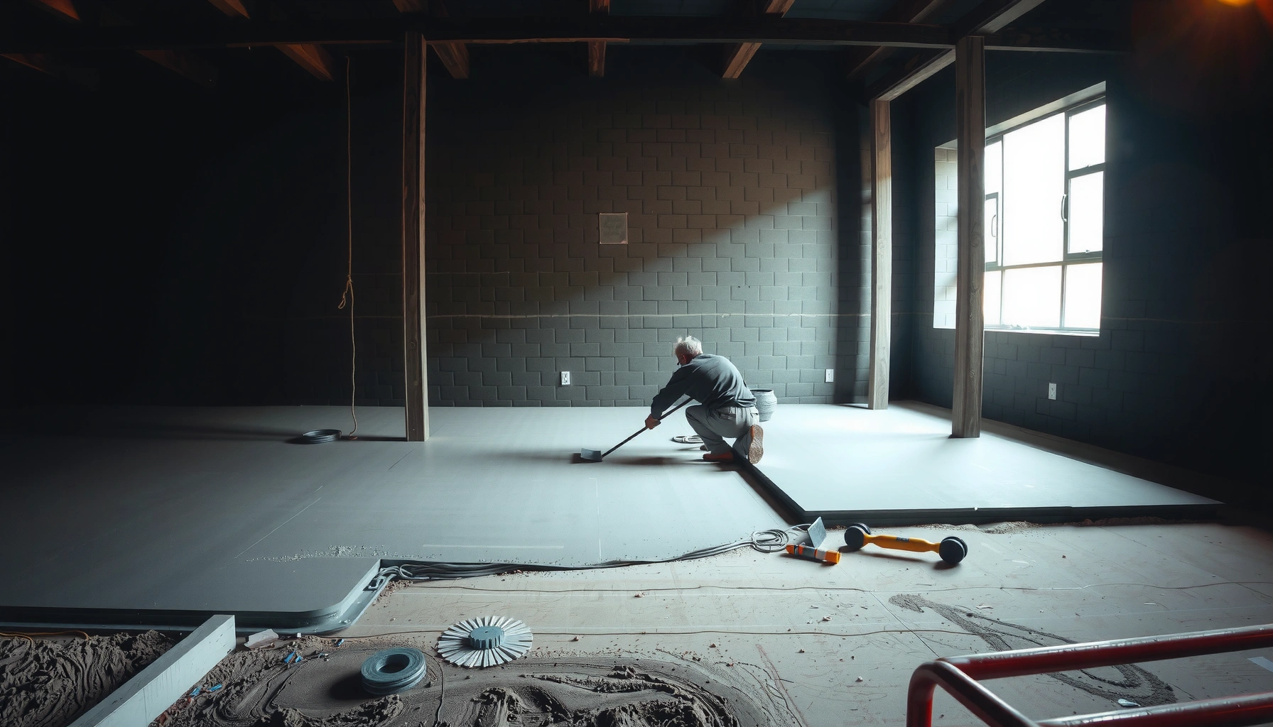 Step-by-step guide on installing concrete floors with tools and materials shown