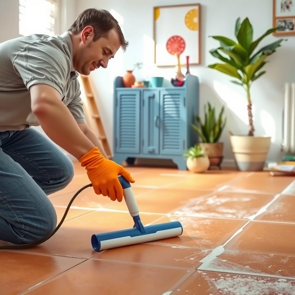 Close-up of adhesive residue on terracotta floor tiles, illustrating the first step in removal process.