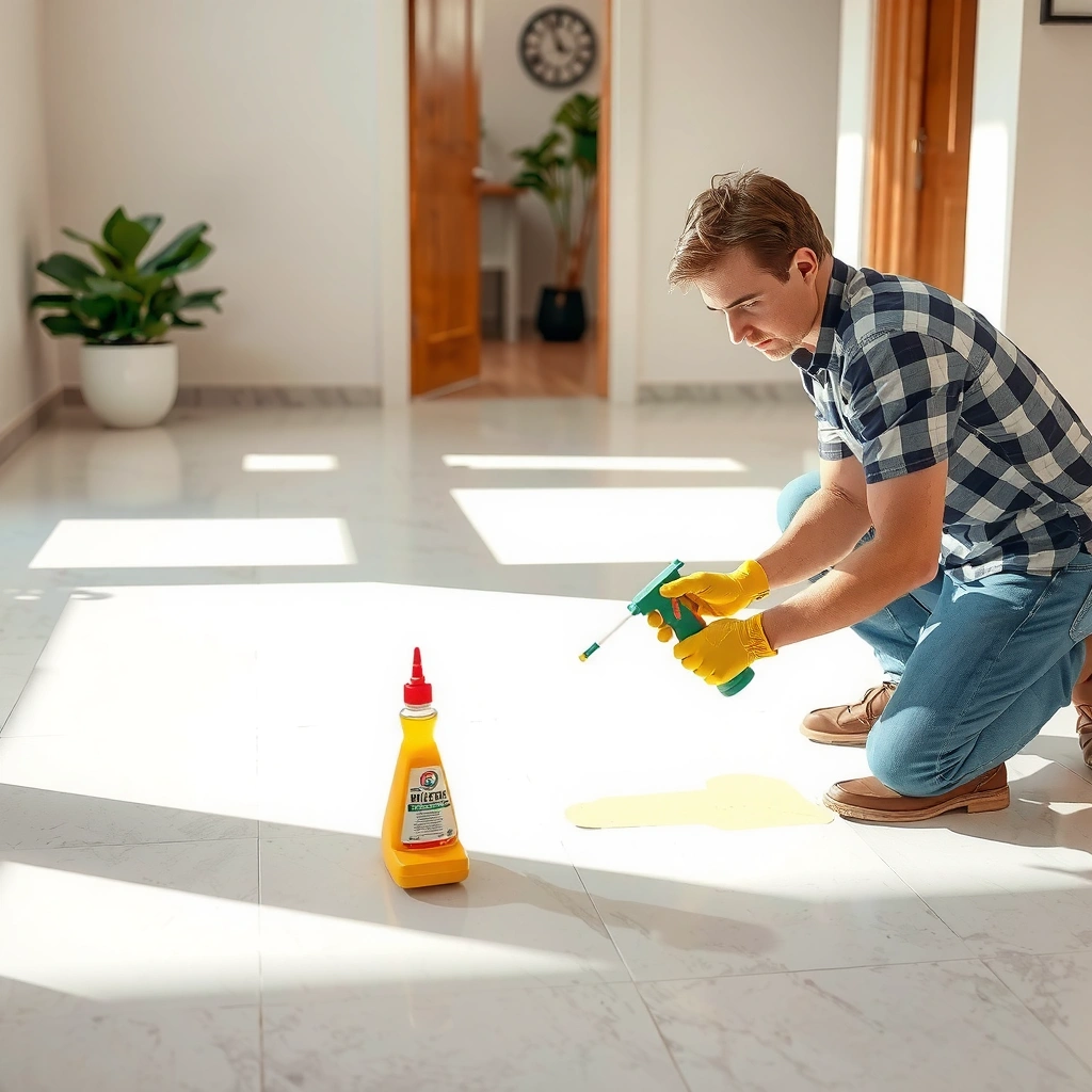 Image showing different types of adhesives on tile floors for removal selection.