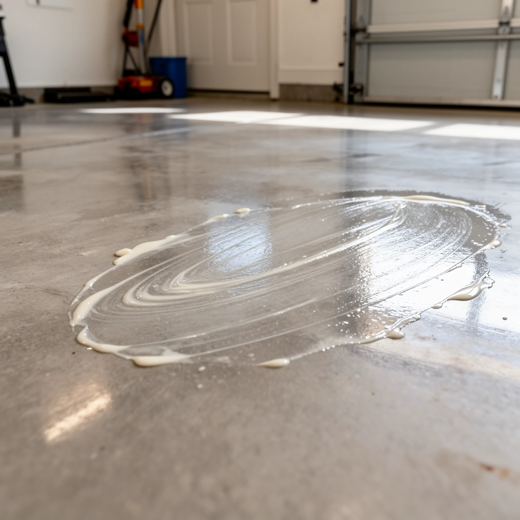 Image showing different types of adhesives on a garage floor for identification before removal.