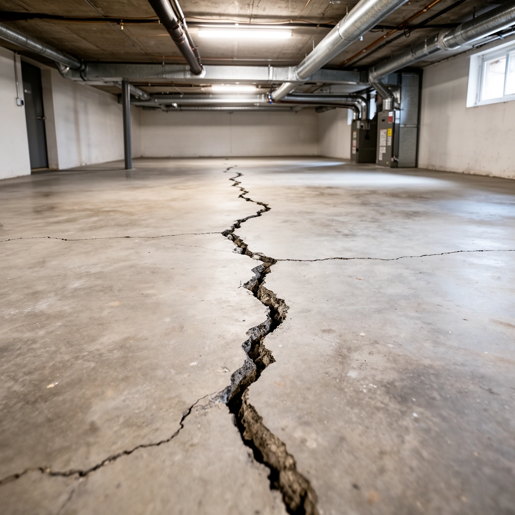 A person examining different types of cracks in a basement floor to determine the repair method.