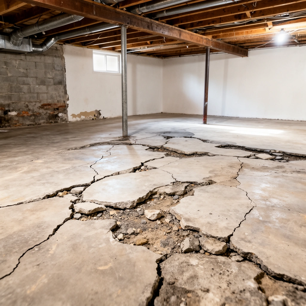 Image showing different types of basement floor damage: cracks, spalling, and moisture issues.