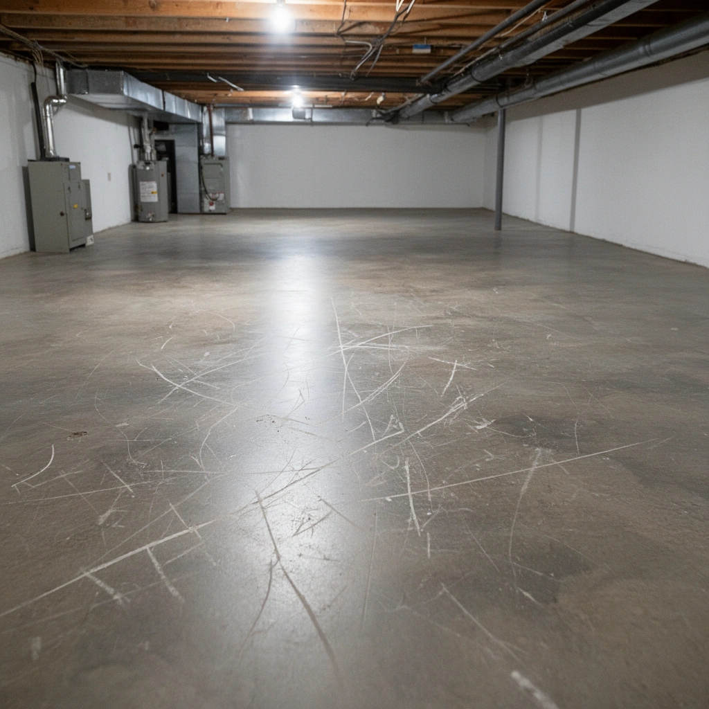 Image showing different types of basement floors to help identify the right one for scratch repair.