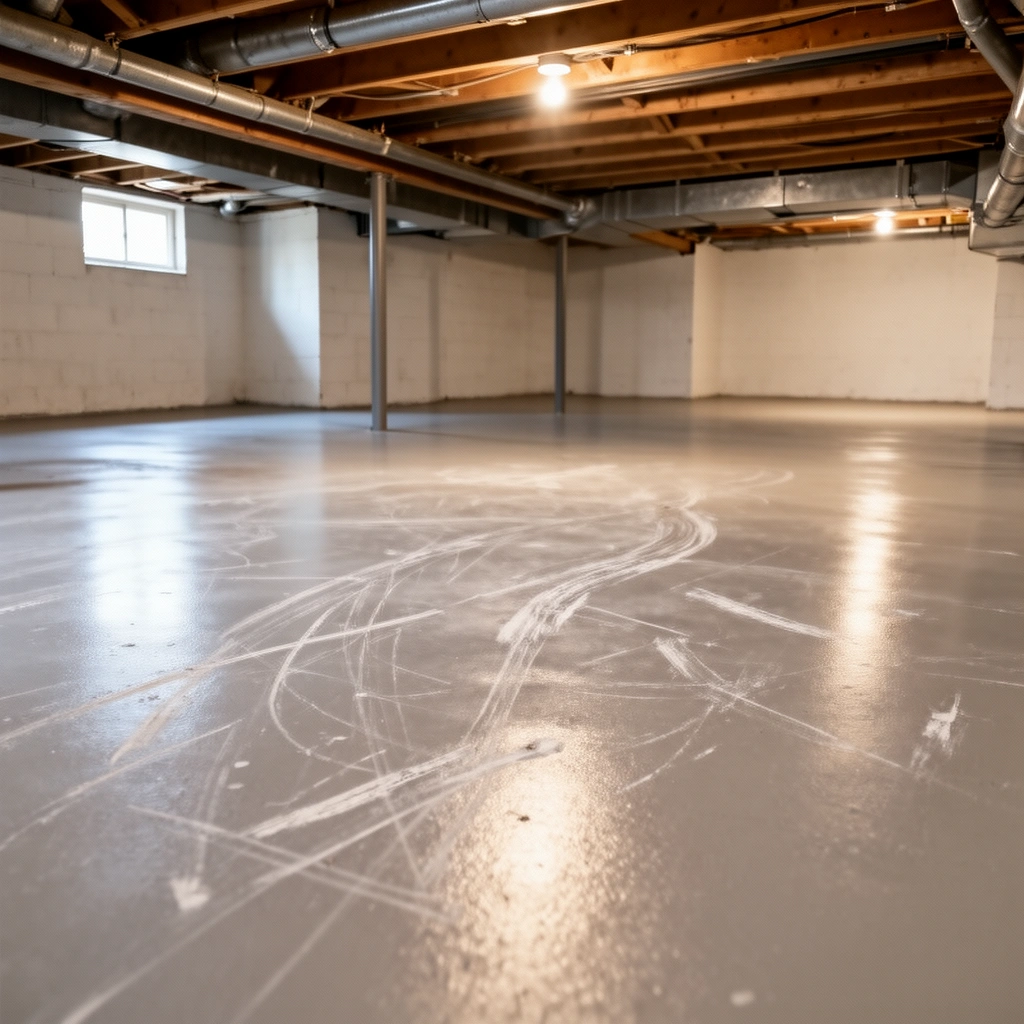 Image showing different types of basement floors and scratch depth for repair identification.