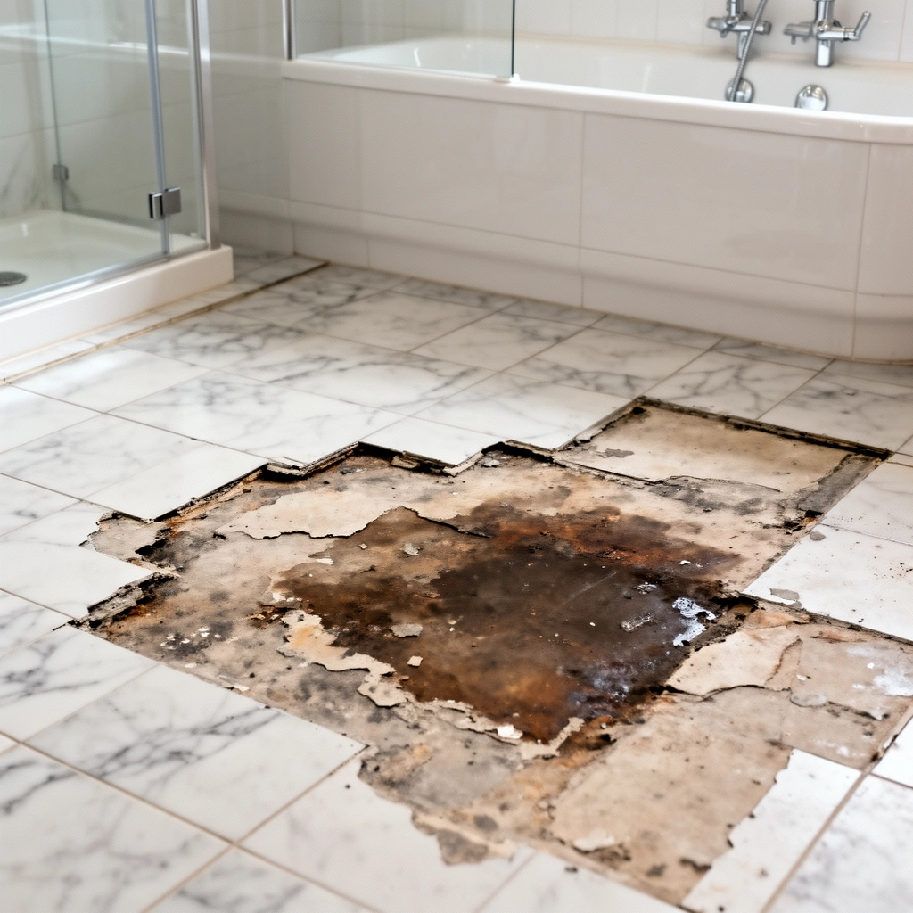 A close-up view of damaged bathroom flooring showing signs of water damage and wear, illustrating repair needs.