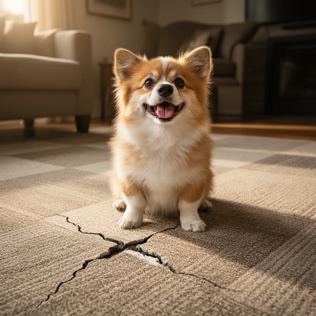 A close-up view of a carpet tile crack, highlighting potential causes and damage for repair.