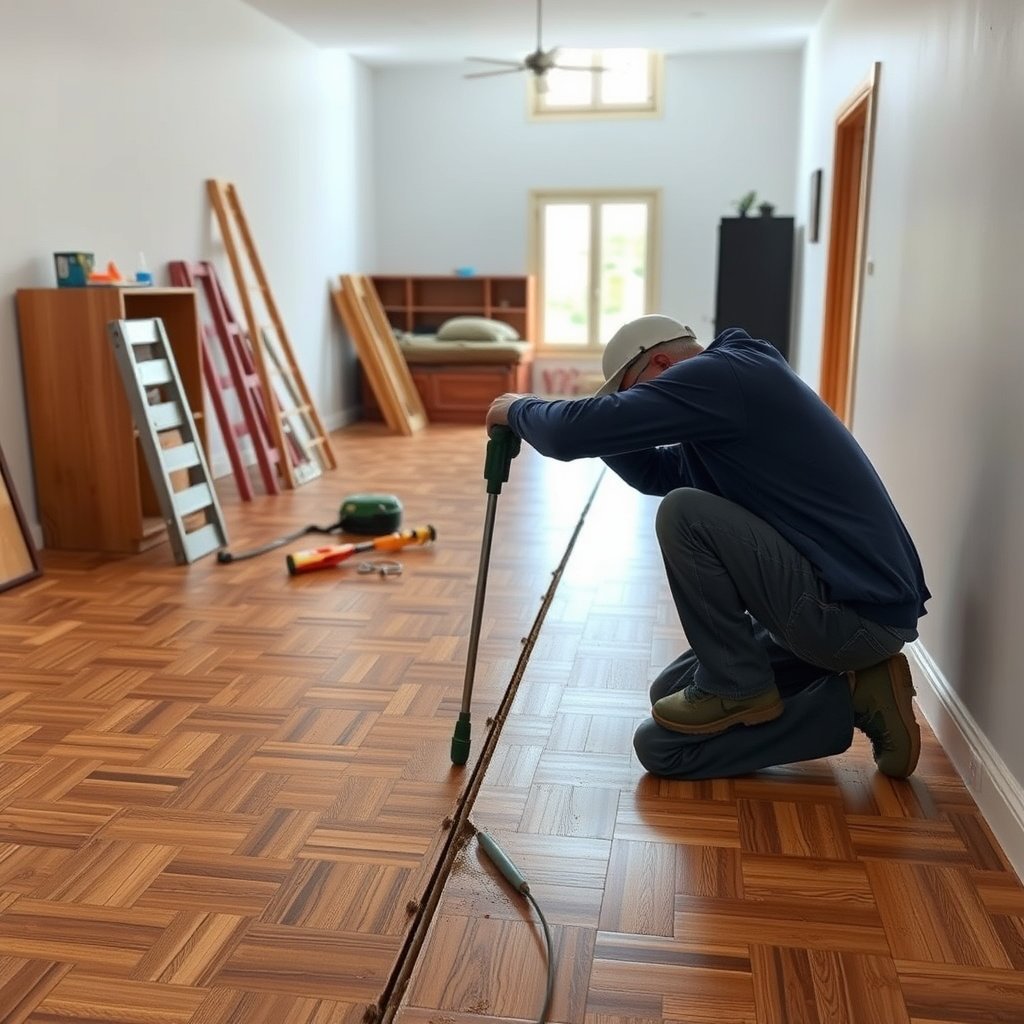 Inspecting parquet floor for moisture, movement, or damage causing gaps