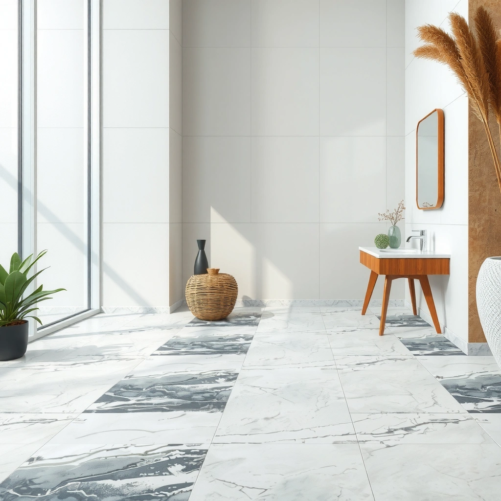 Image showing moisture, residue, and worn surface on marble floors causing slips.