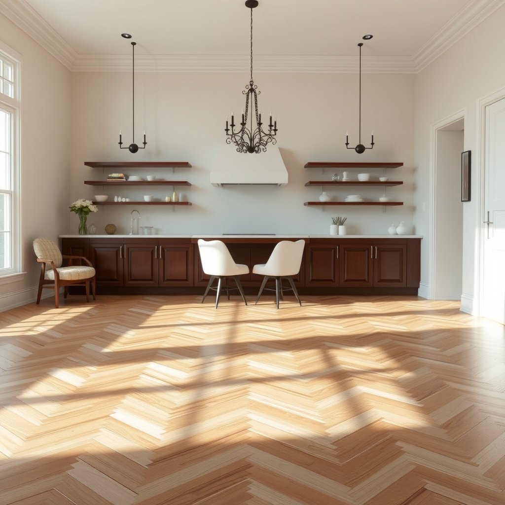A close-up of a chevron floor finish, showcasing different types before cleaning.