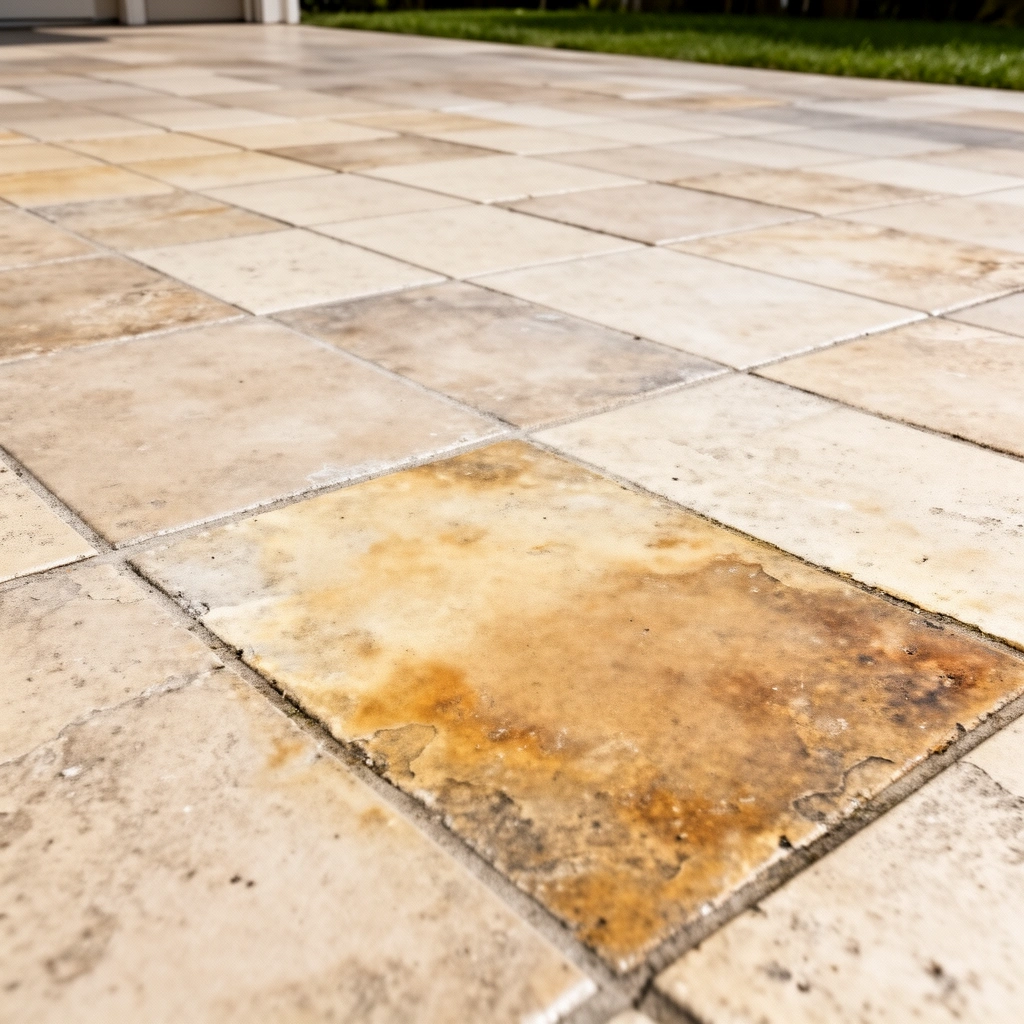 Different types of discoloration on patio floors, including stains and fading, for identification.