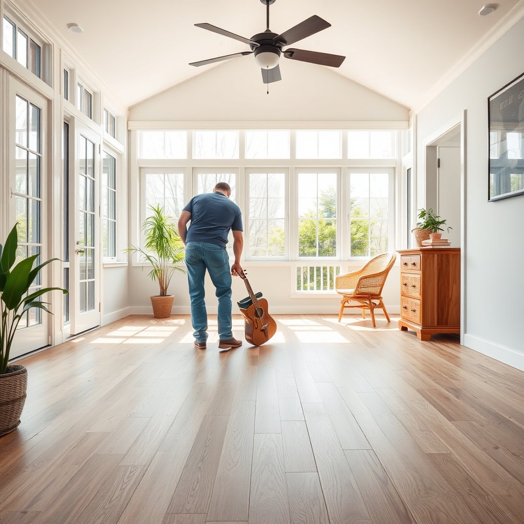 Image showing different methods of engineered wood floor installation in a sunroom