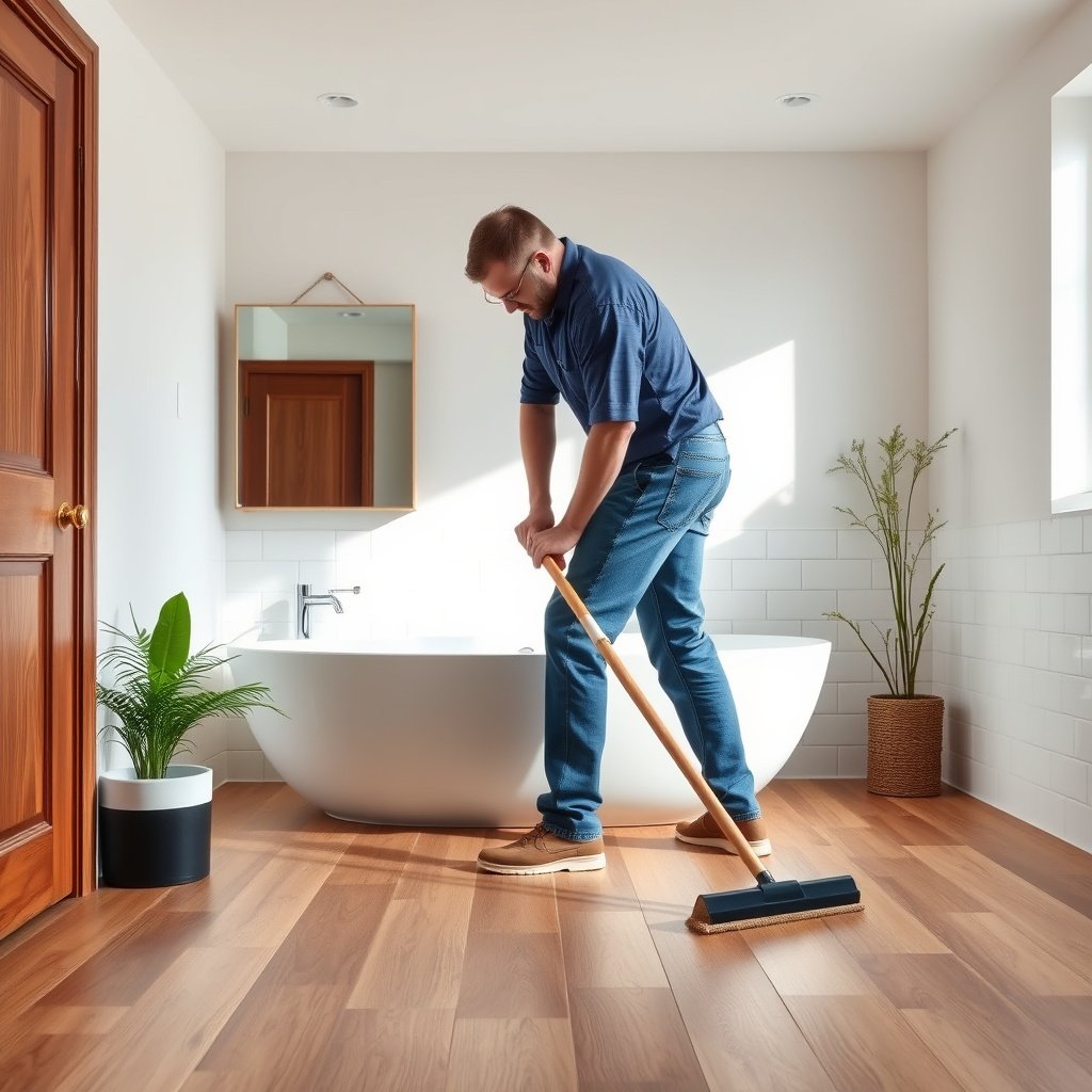 Image showing different methods to install engineered wood floors in a bathroom.