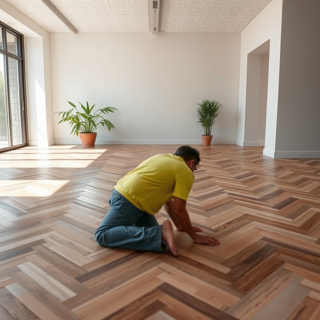 A person examining a chevron floor to identify the finish and depth of scratches for repair.