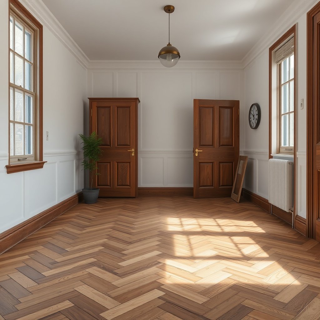 A homeowner inspecting different floor materials and finishes for slip-resistant herringbone floors.