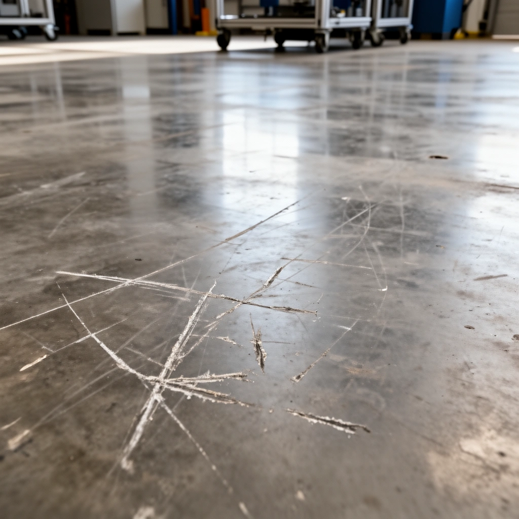 Image showing different industrial floor materials and examples of scratch depth for identification