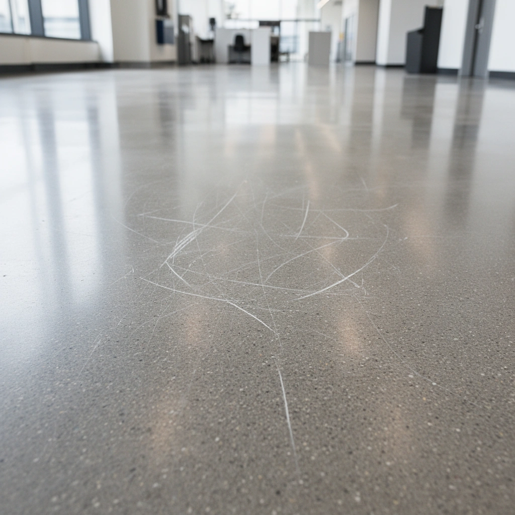 Image showing different floor types and examples of scratch depth for commercial flooring.
