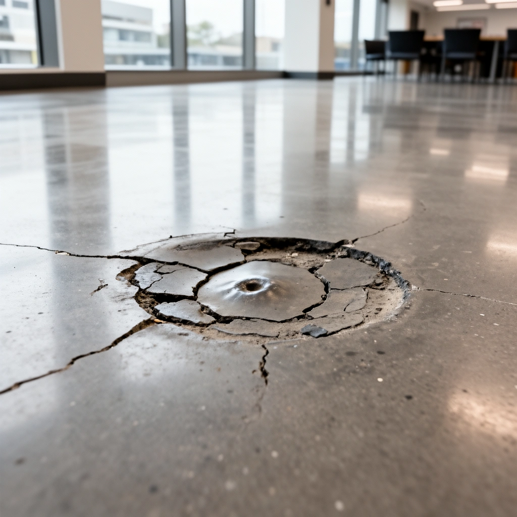 Image showing different flooring types and examples of dent severity in commercial floors.