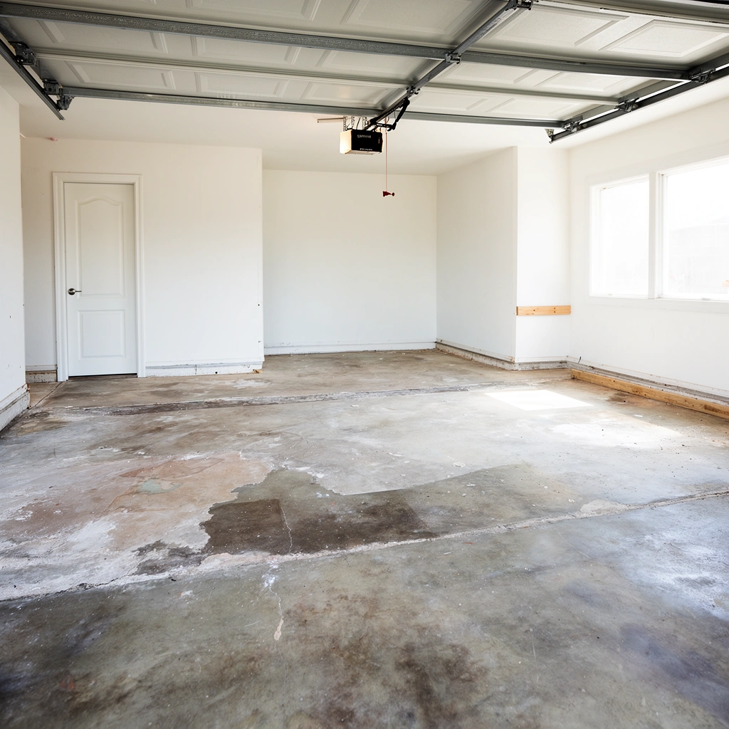 A person examining different types of garage floors and utilities before removal.