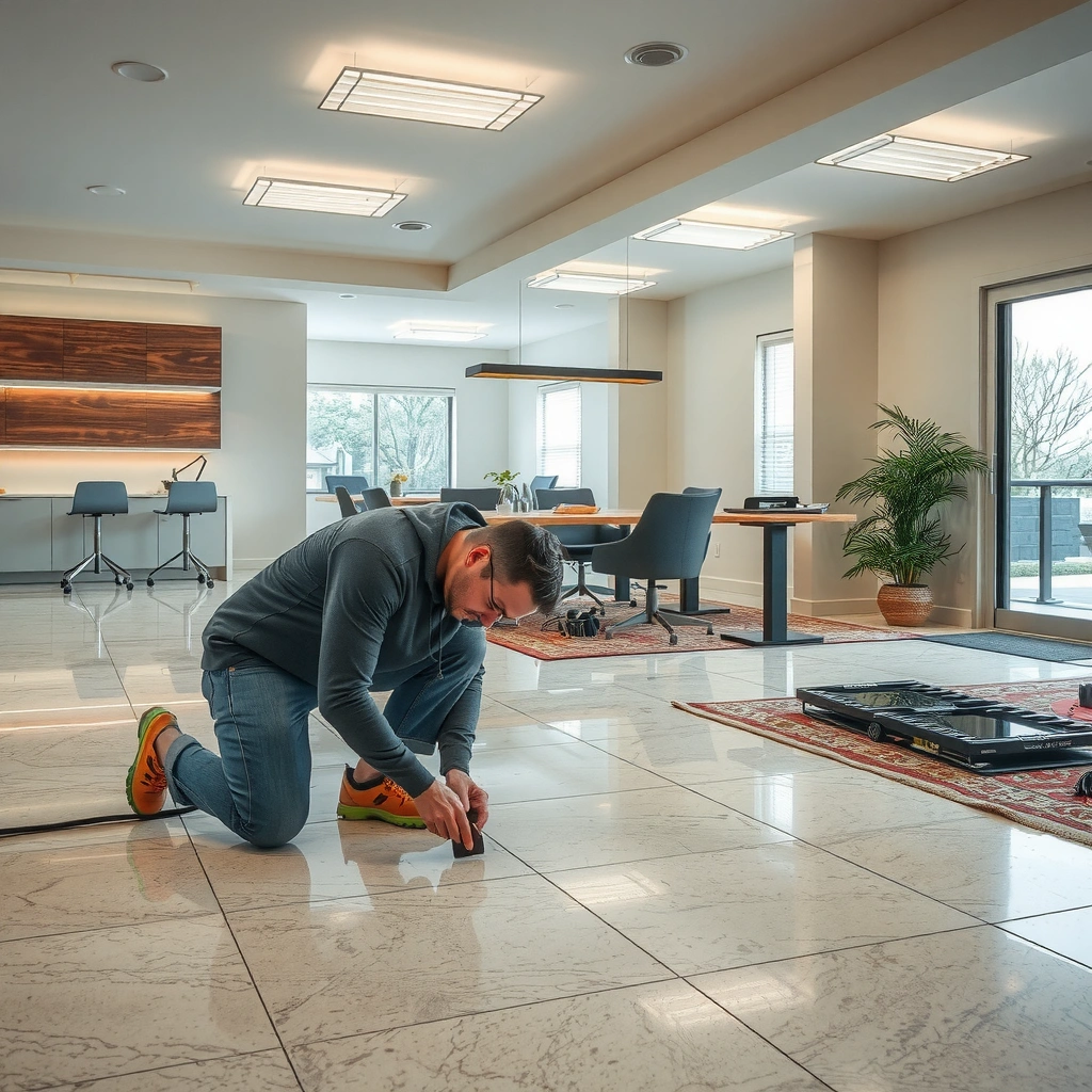 A close-up image showing a granite floor with visible chips, cracks, and stains for repair identification.