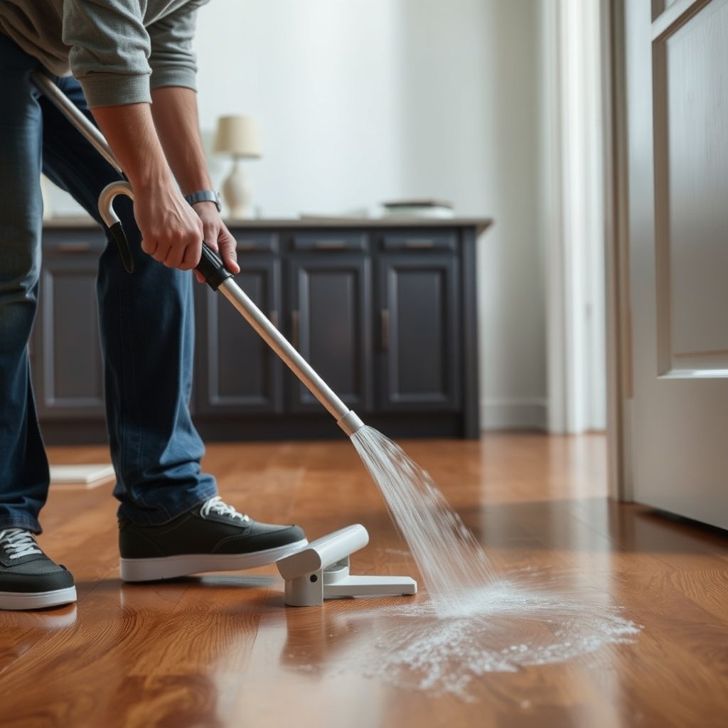 A close-up of hardwood floor showing hard-water mineral deposits for cleaning guidance.