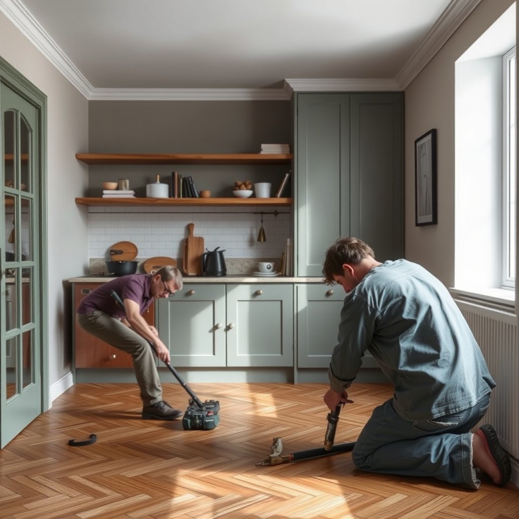 A close-up view of a herringbone floor finish to help identify the type for repair.