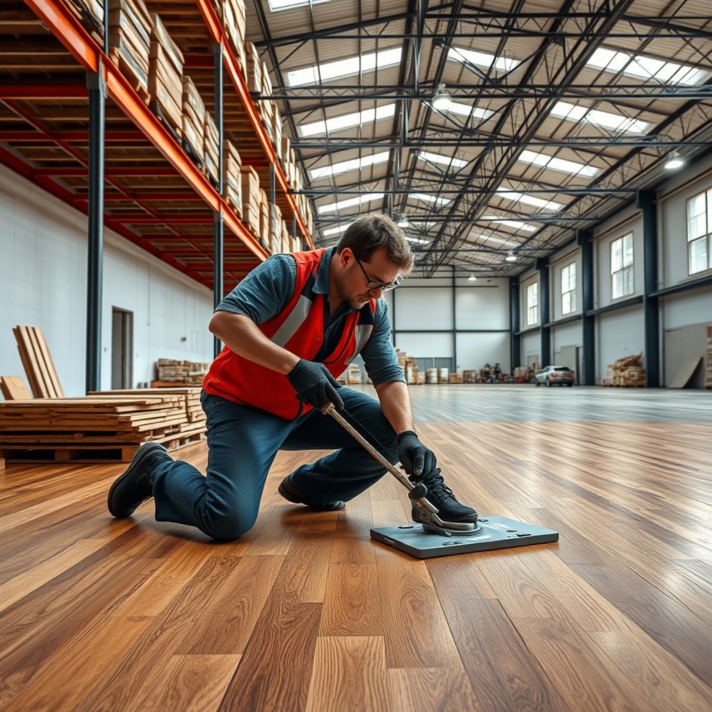A person examining hardwood floor installation method before removal in a warehouse.