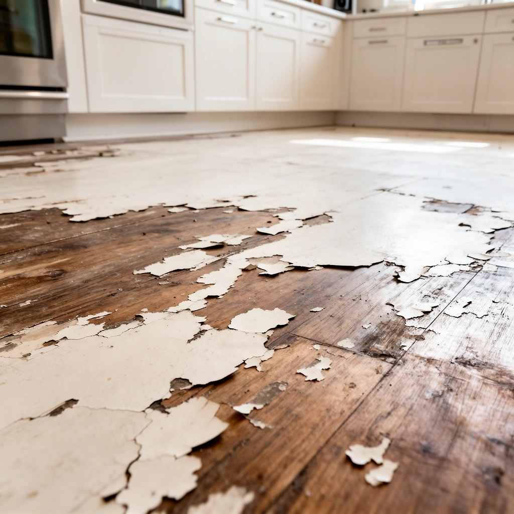 Image showing different types of kitchen flooring with peeling sections for repair identification