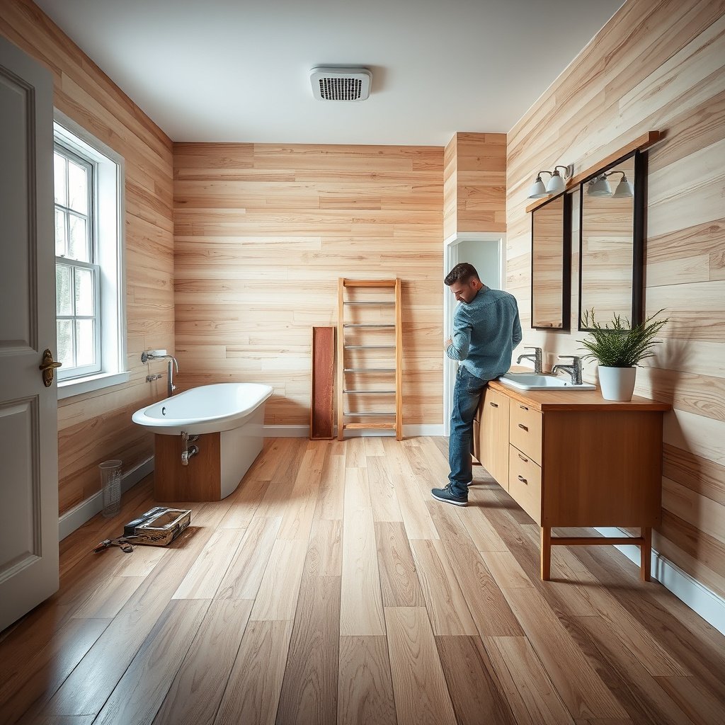Identifying moisture problems in engineered wood floors before repairs in a bathroom.