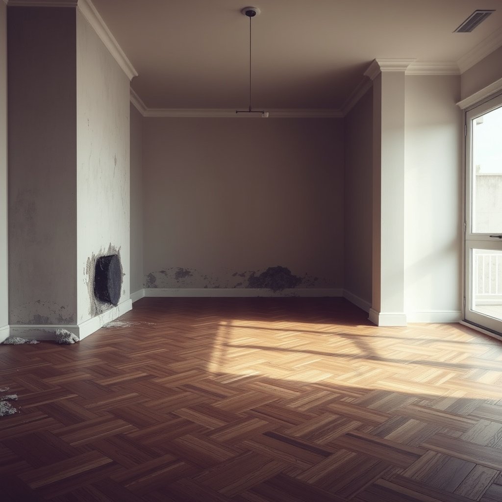 A person inspecting a herringbone floor for moisture sources to prevent mold growth.