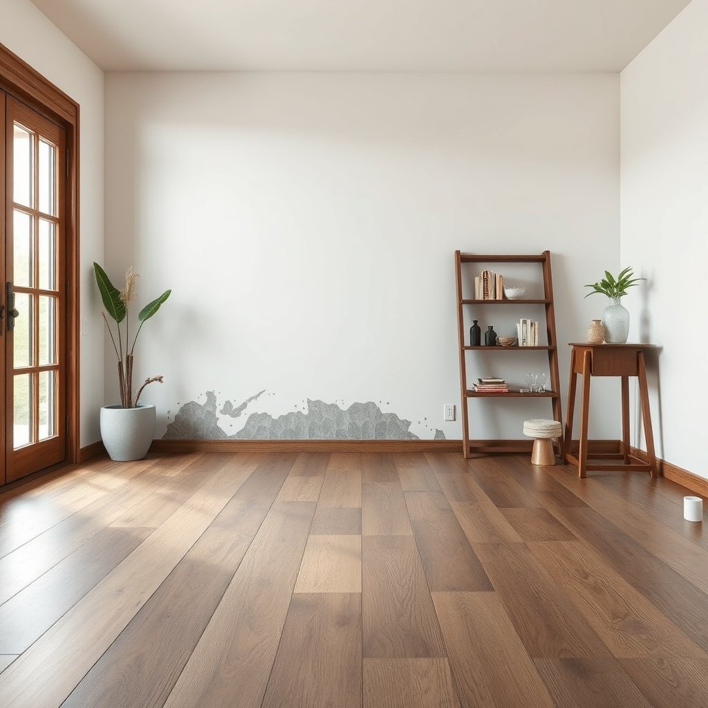 A person inspecting under wood-look tile floors for moisture sources to prevent mold growth.