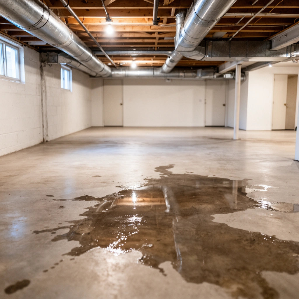 A person inspecting a basement for moisture sources to prevent slipping on floors