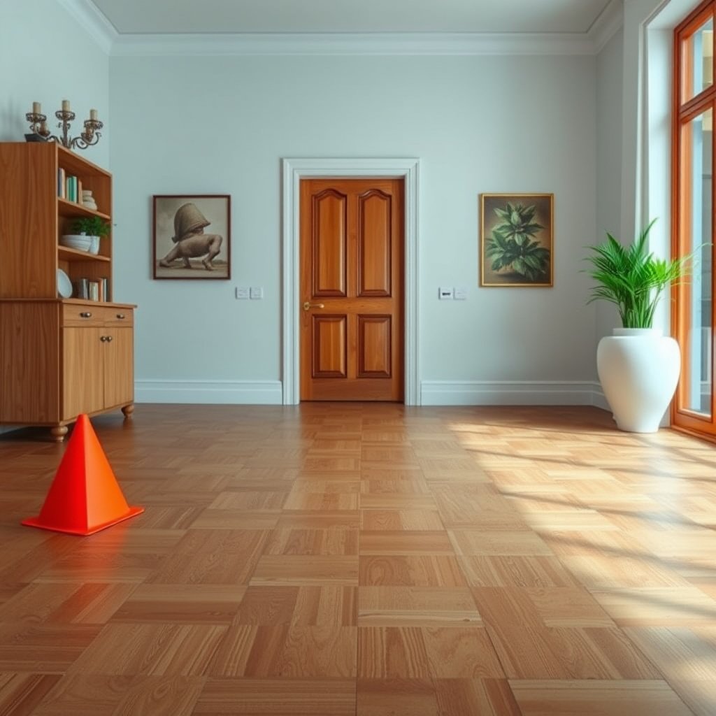 A person inspecting under parquet floors for moisture sources to prevent mold growth.