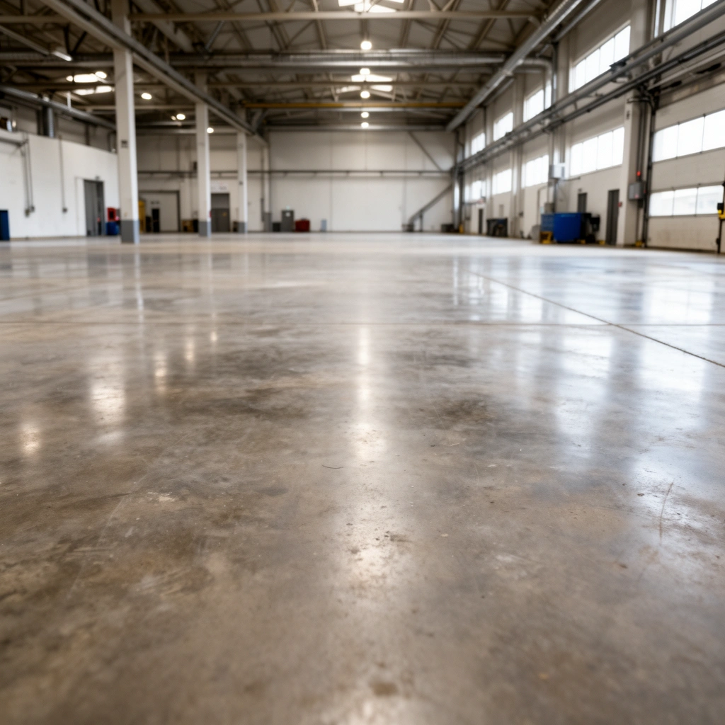 Person inspecting industrial floor to identify odor source before cleaning