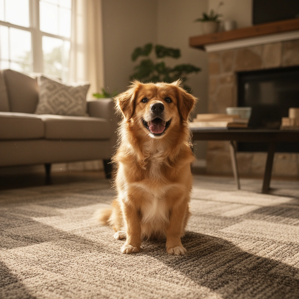 A person inspecting carpet tiles to identify the source of odors before deodorizing.