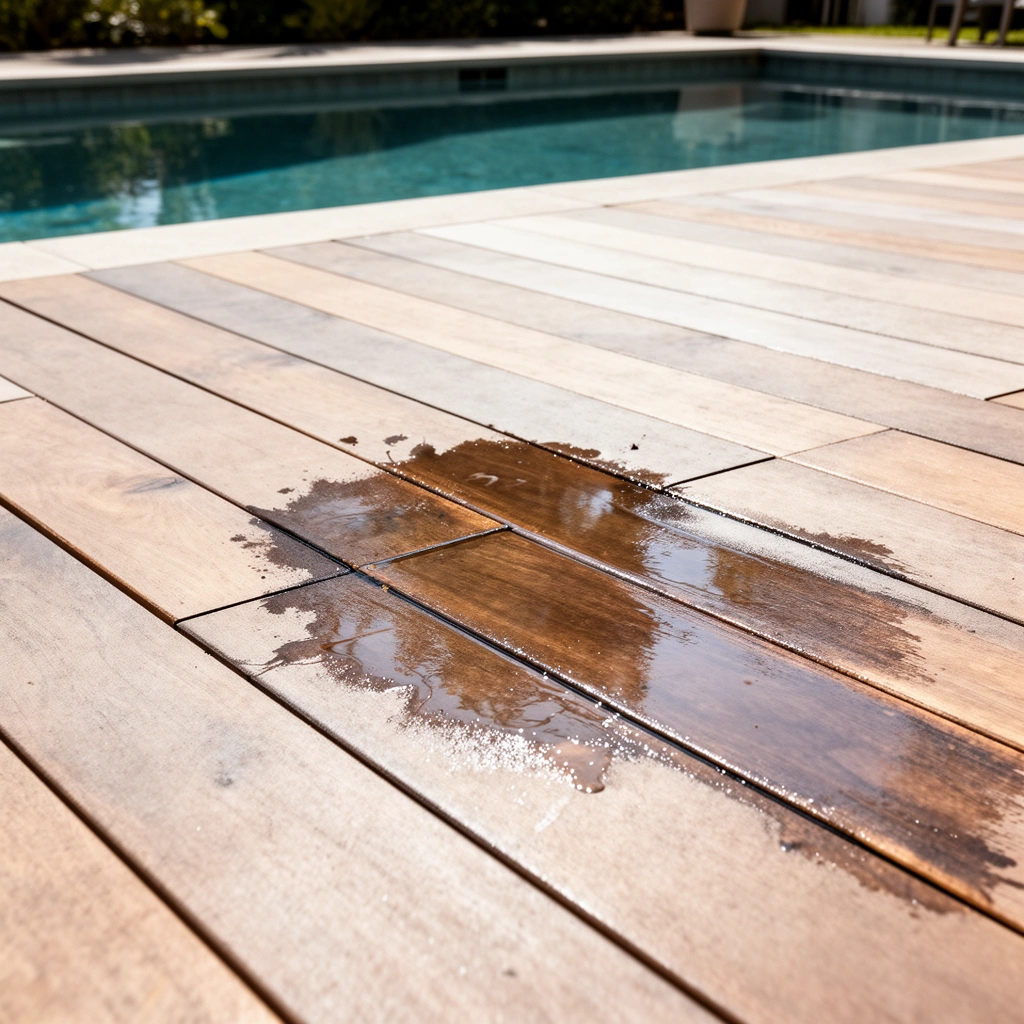Different types of outdoor floor materials for sealing, including wood, concrete, and stone.