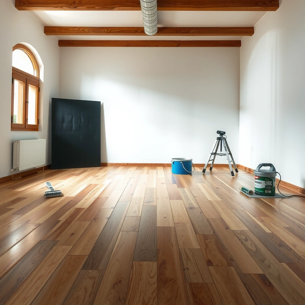 A close-up of hardwood floor showing different paint types and finishes for removal guidance.