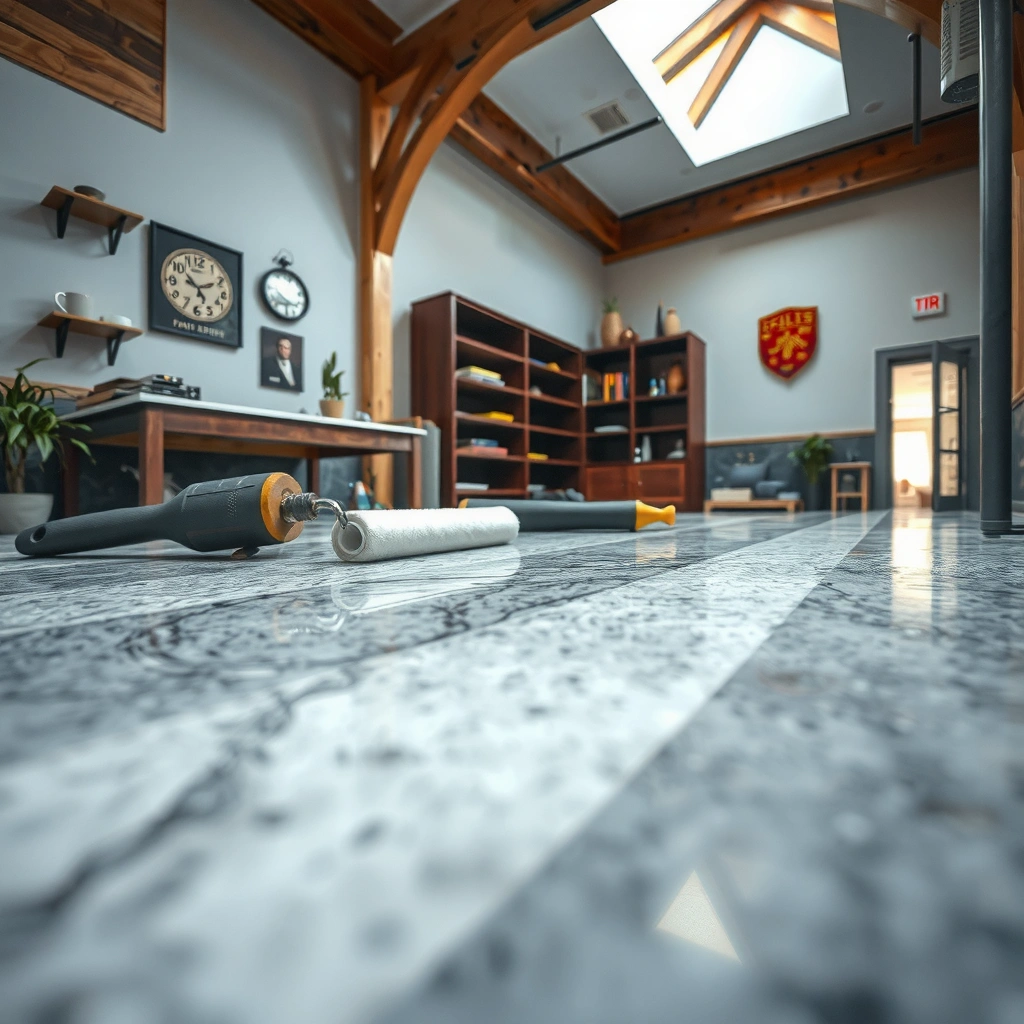 A close-up of granite flooring showing different paint types to identify before removal.