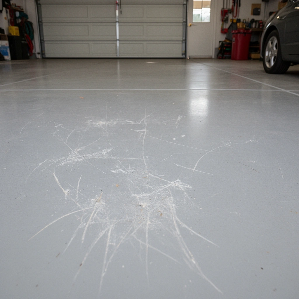 Image showing different types of scratches on garage floors and various floor finishes.