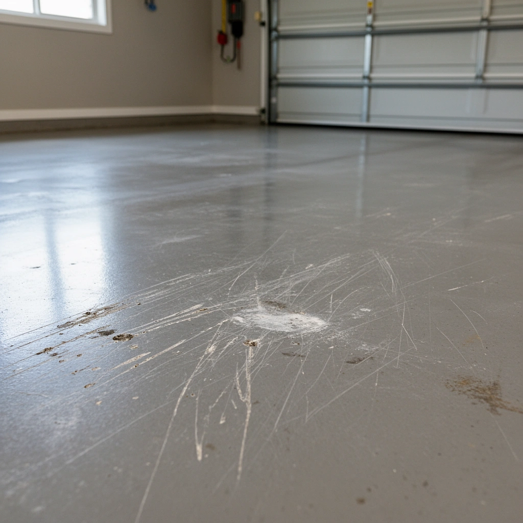 Image showing different types of scratches on various garage floor materials for repair identification.