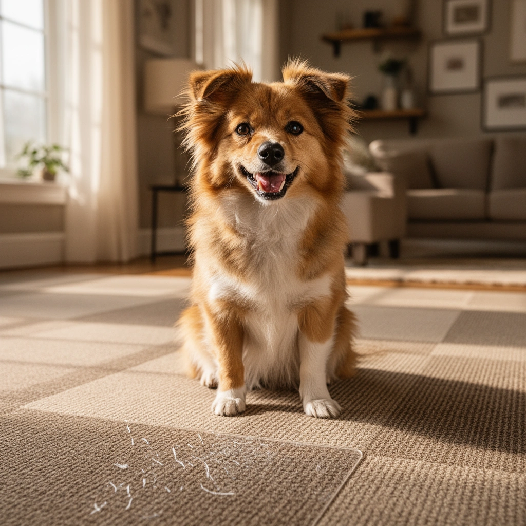Image showing common sources of scratches on carpet tiles, such as furniture and pets.