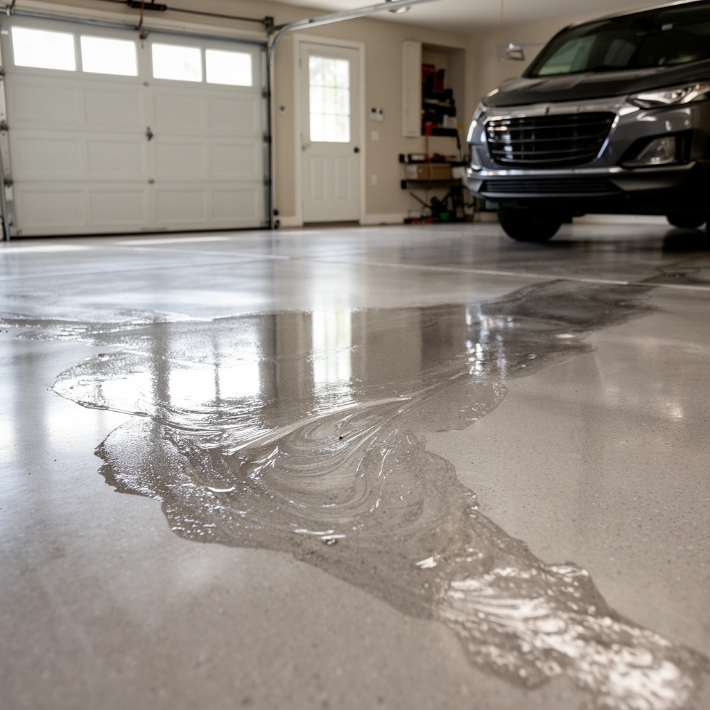 Image illustrating causes of slippery garage floors, highlighting common issues and solutions.