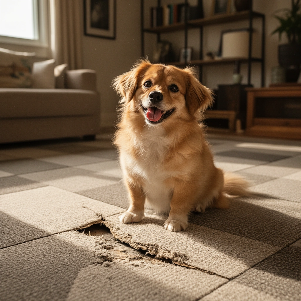 Image showing how to identify the source of squeaks in carpet tiles versus the floor beneath them.