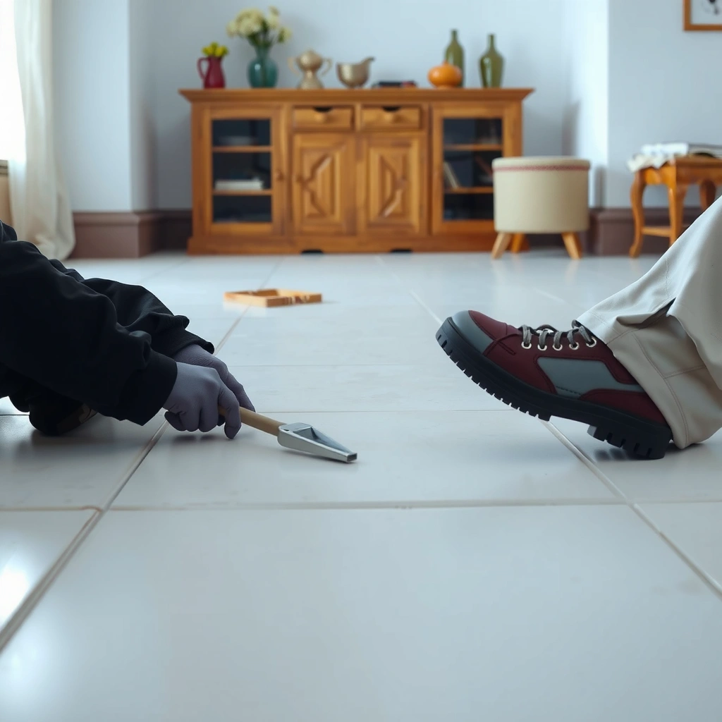 A person inspecting tile flooring to identify the source of a squeak during repair.